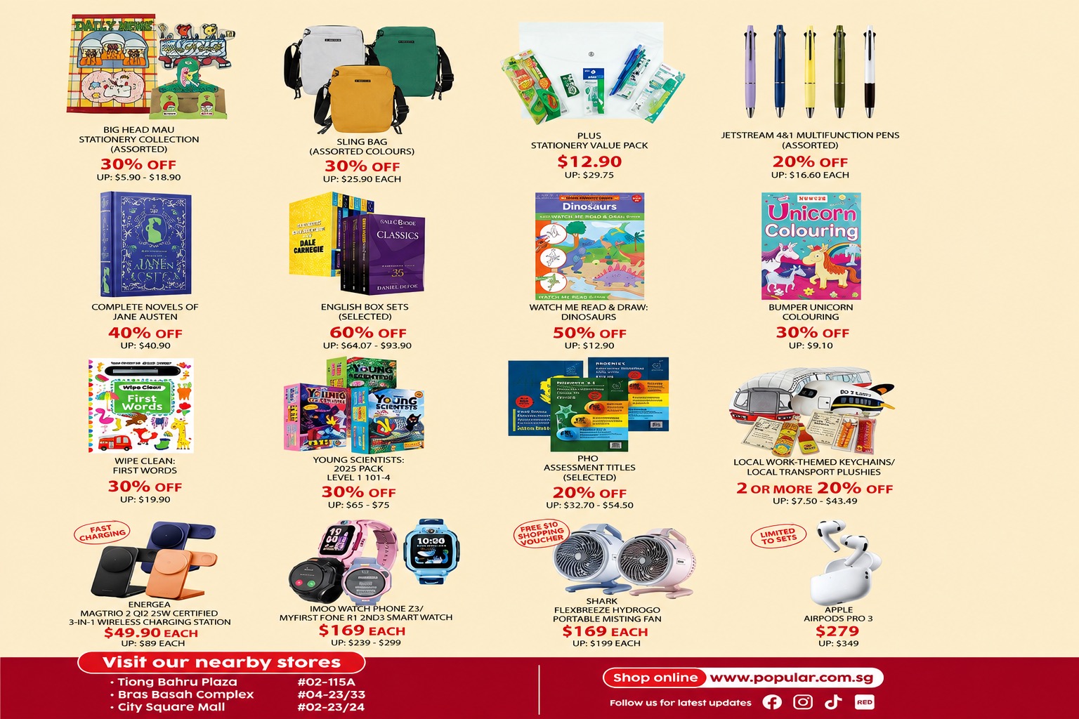 POPULAR VivoCity Moving Out Sale in-store display showing discounted books, stationery, Apple AirPods Pro 3 and kids smartwatches at up to 90% off