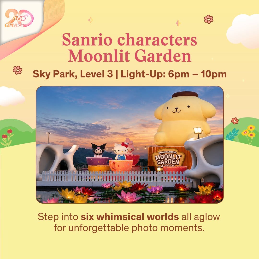 Moonlit Garden immersive photo zone with Hello Kitty and Kuromi
