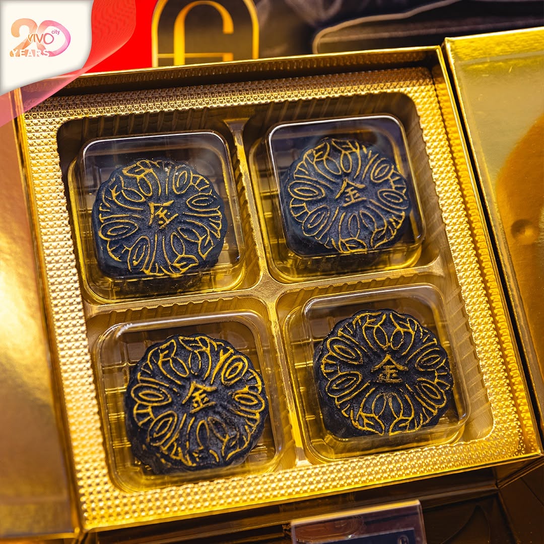 Dark-colored mooncakes in gold-trimmed box at TANGS Mid-Autumn Fair