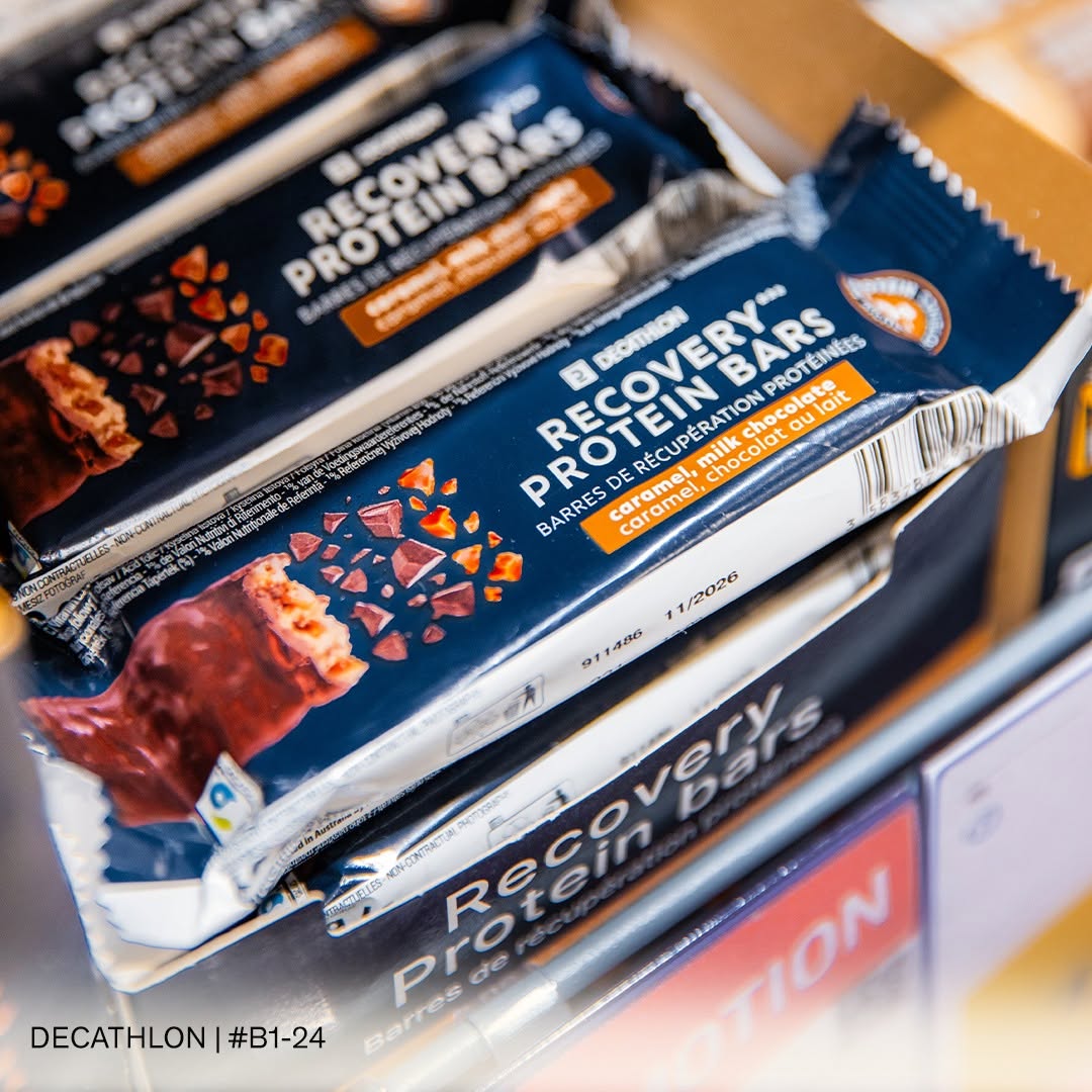 Decathlon Recovery Protein Bars in caramel milk choc and other flavours