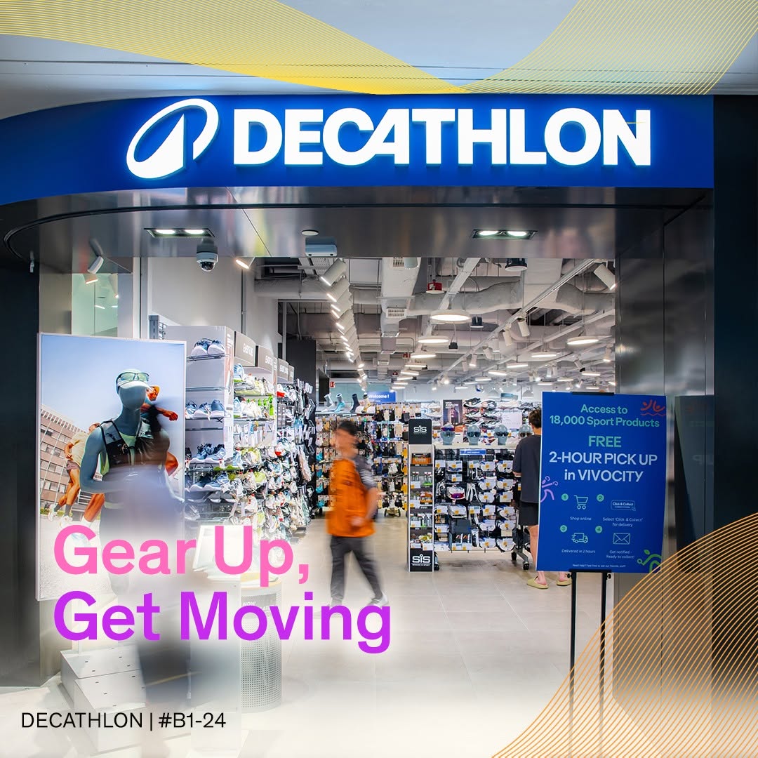 Decathlon VivoCity store at unit B1-24 with sports apparel and footwear displays