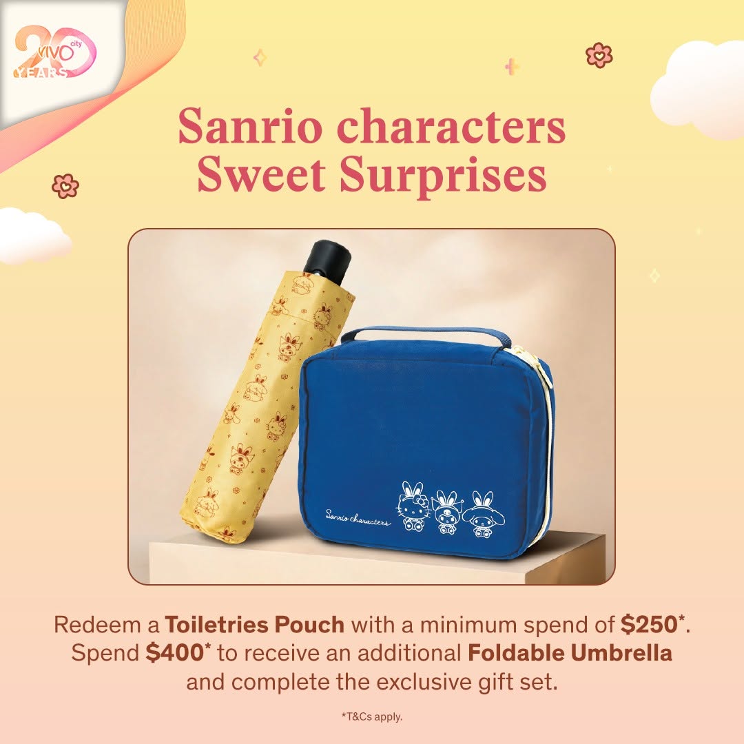 Sanrio characters Sweet Surprises toiletries pouch and foldable umbrella
