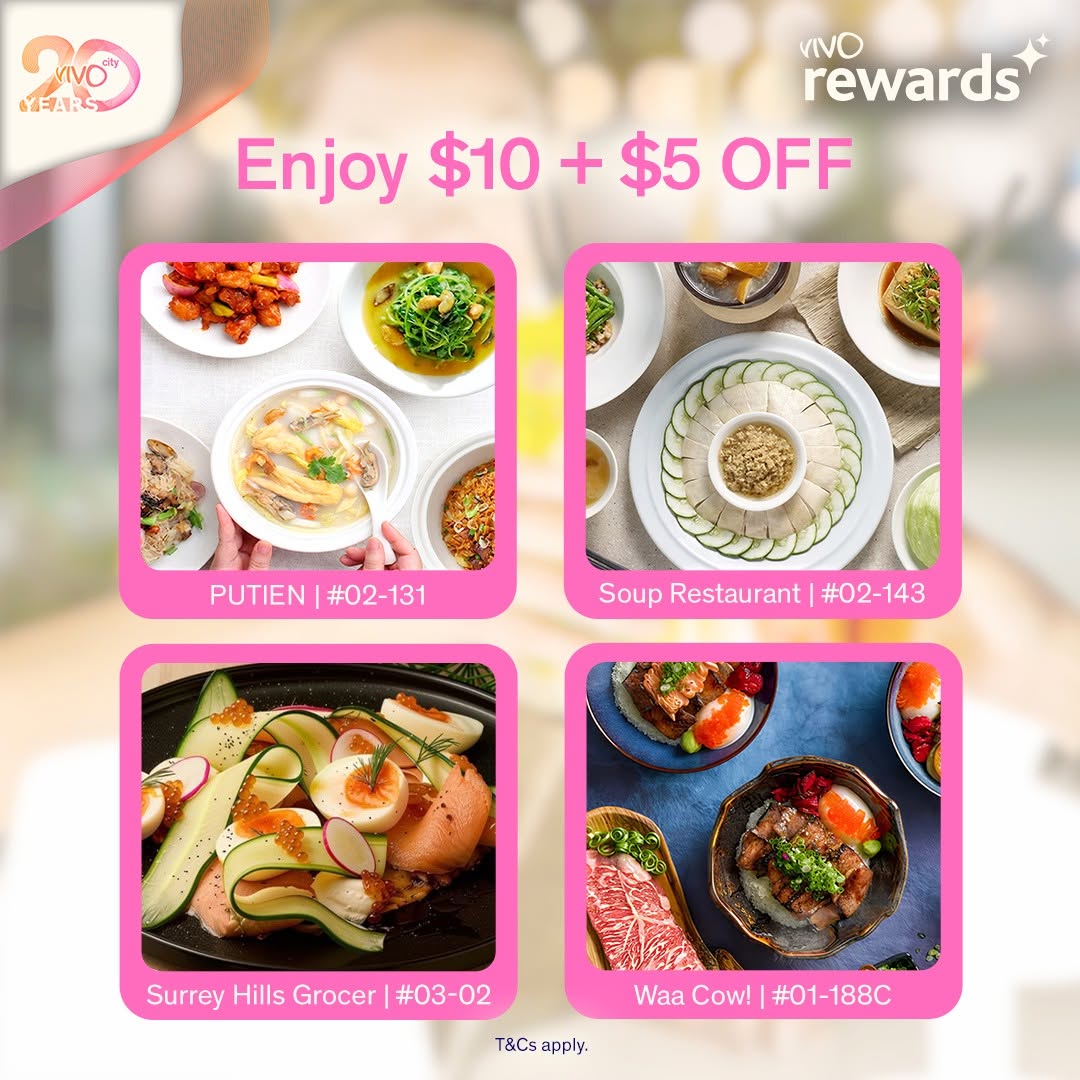 Participating restaurants PUTIEN, Soup Restaurant, Surrey Hills Grocer, and Waa Cow! at VivoCity