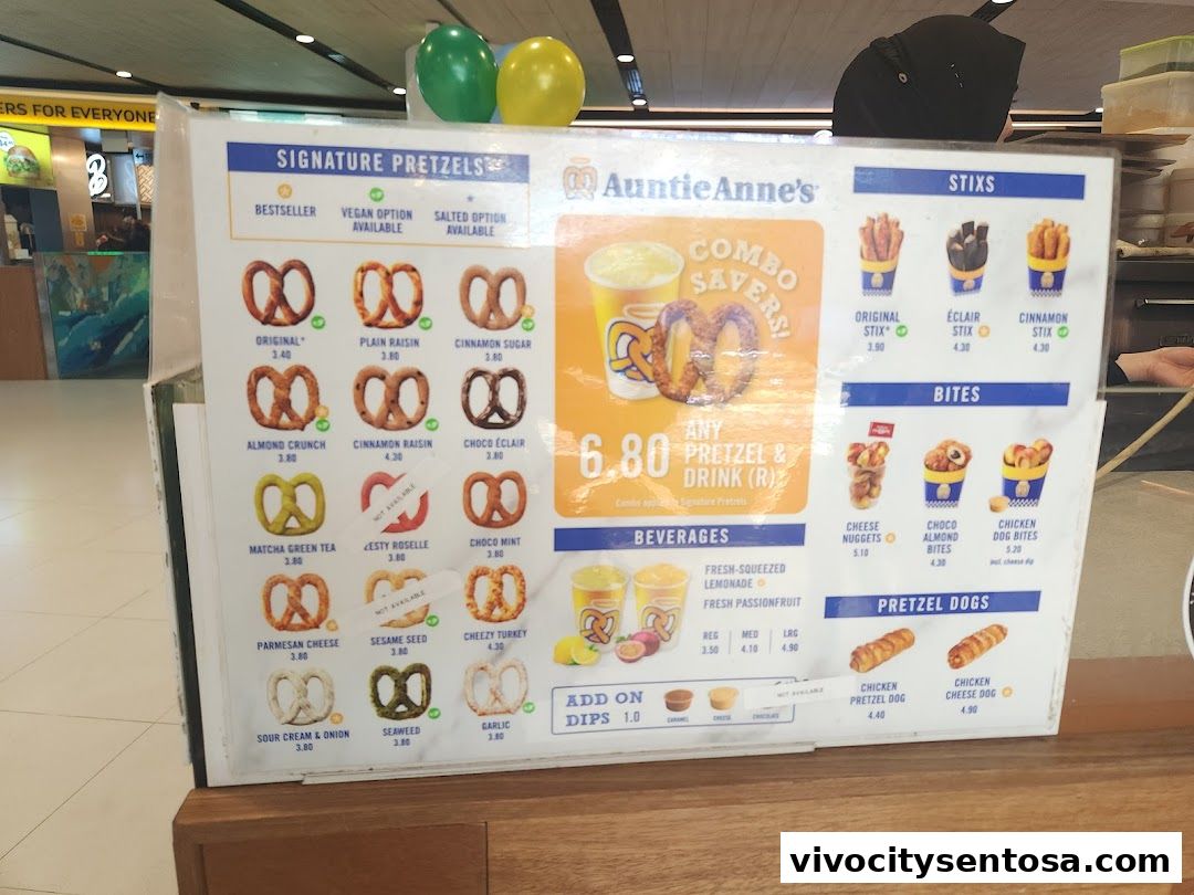 Menu page for Auntie Annes Soft Pretzels Vivo City