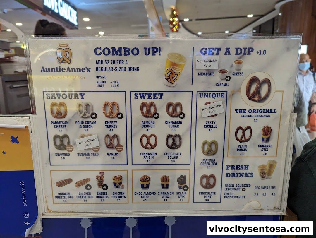 Menu page for Auntie Annes Soft Pretzels Vivo City