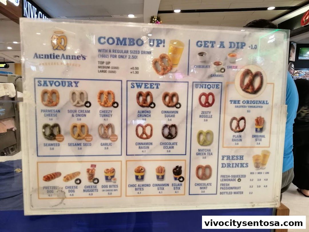 Menu page for Auntie Annes Soft Pretzels Vivo City