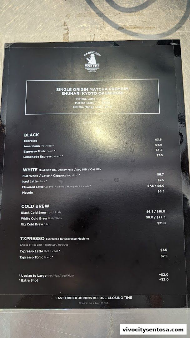 Menu page for Baristart Coffee Singapore Sentosa