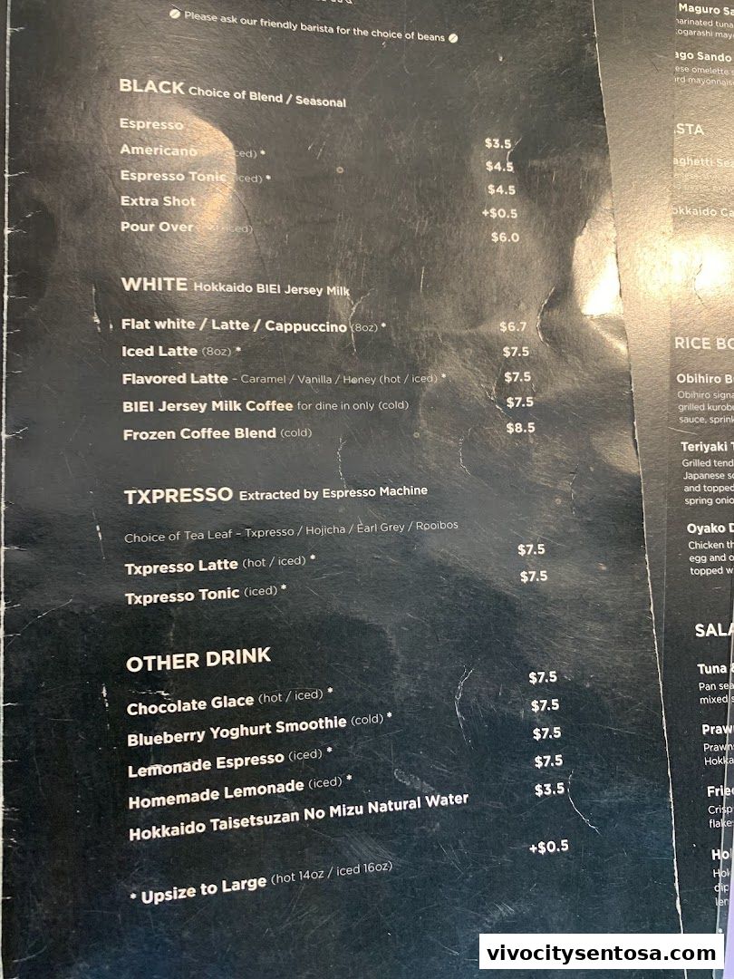 Menu page for Baristart Coffee Singapore Sentosa