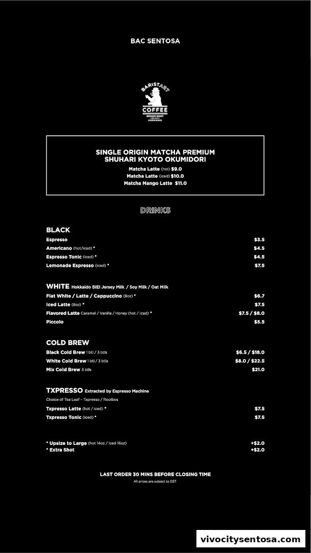 Menu page for Baristart Coffee Singapore Sentosa