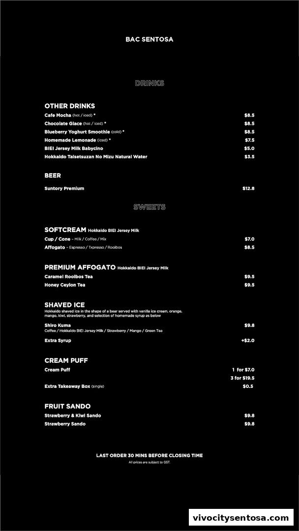 Menu page for Baristart Coffee Singapore Sentosa