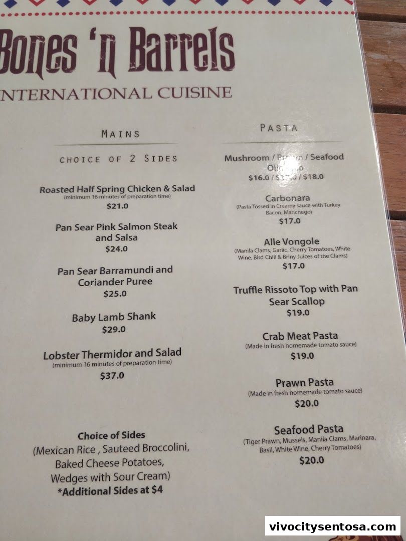 Menu page for Bones n Barrels Sentosa