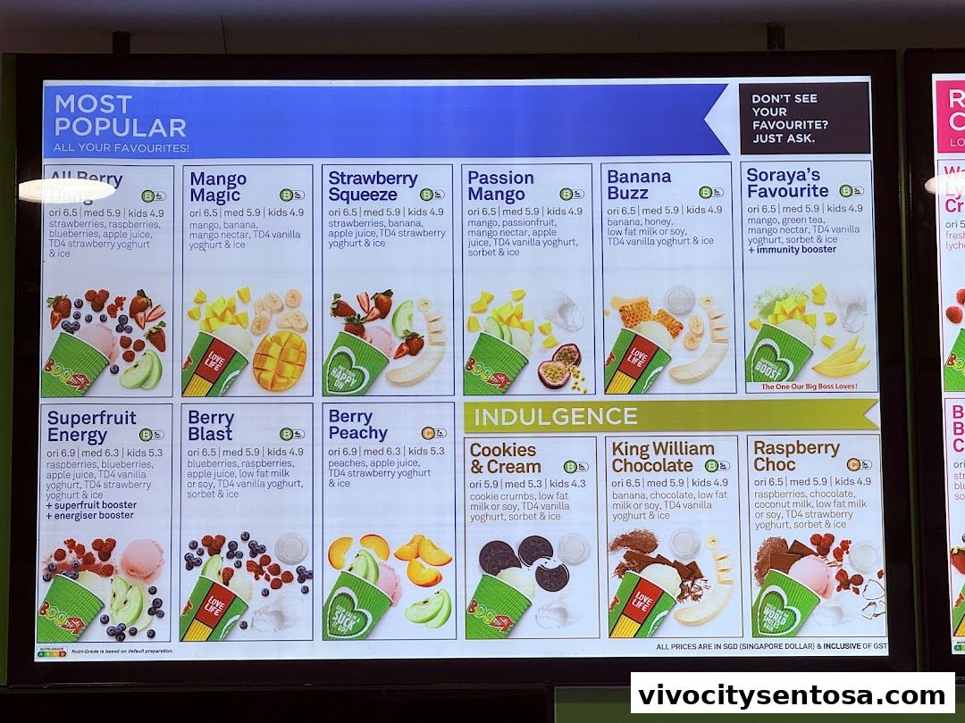 Menu page for Boost Juice  Vivocity
