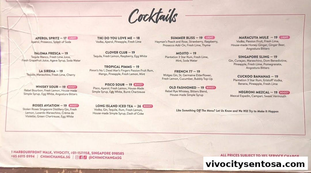 Menu page for Chimichanga VivoCity