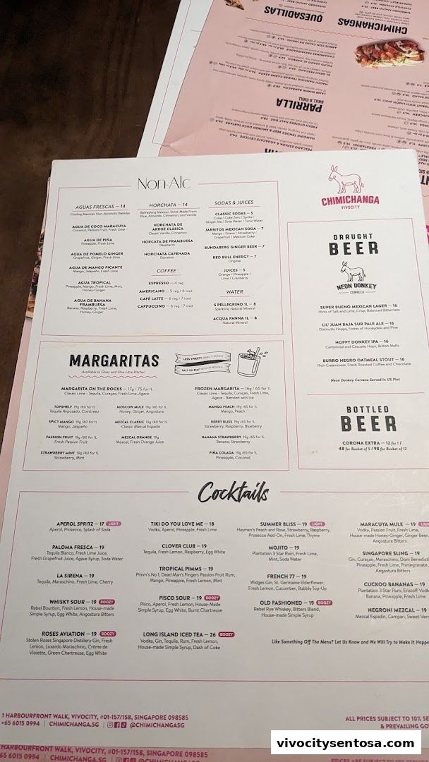 Menu page for Chimichanga VivoCity