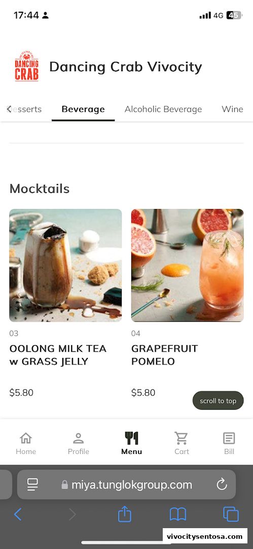 Menu page for Dancing Crab VivoCity