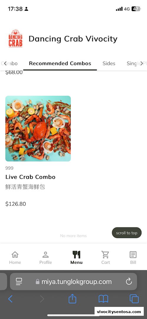 Menu page for Dancing Crab VivoCity