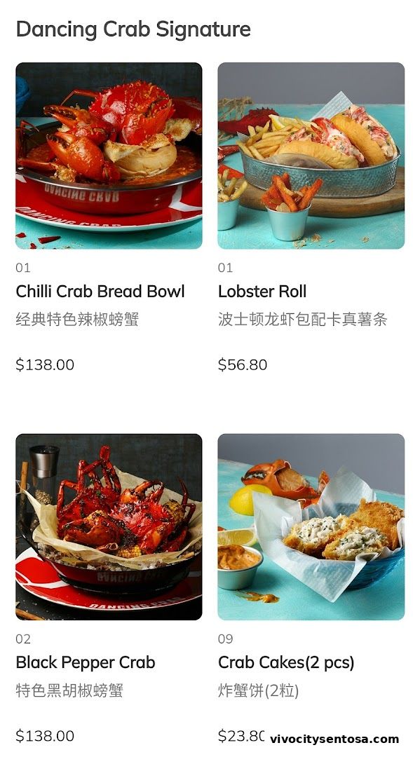 Menu page for Dancing Crab VivoCity