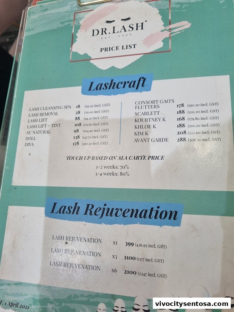 Menu page for DR. LASH VivoCity - Eyelash Extensions