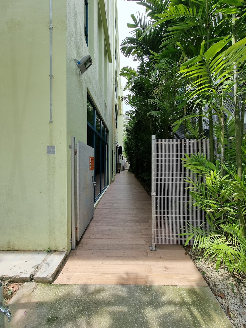 A wooden walkway leads past a light green building with lush greenery on the right.