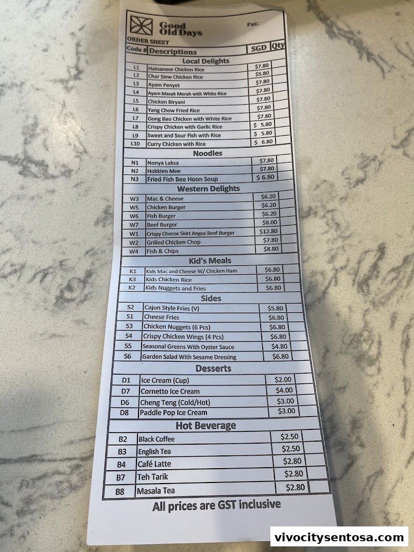 Menu page for Good Old Days