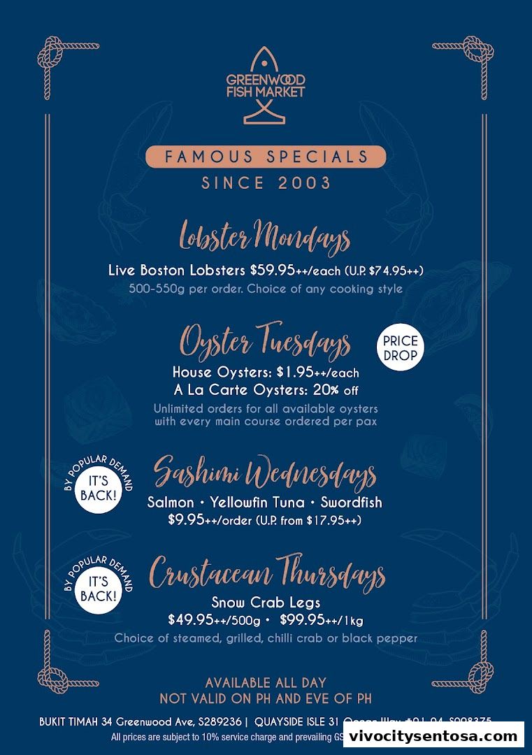 Menu page for Greenwood Fish Market  Seafood Restaurant  Market in Sentosa