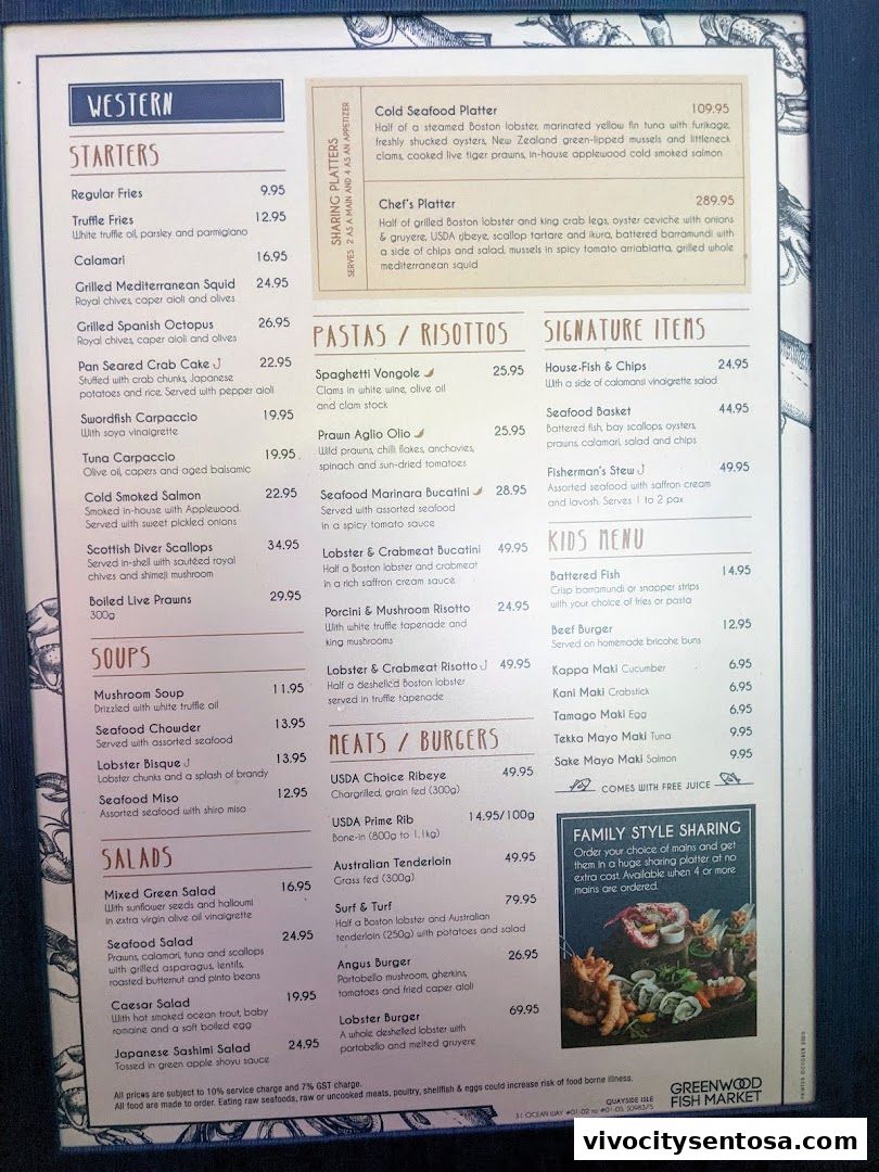 Menu page for Greenwood Fish Market  Seafood Restaurant  Market in Sentosa