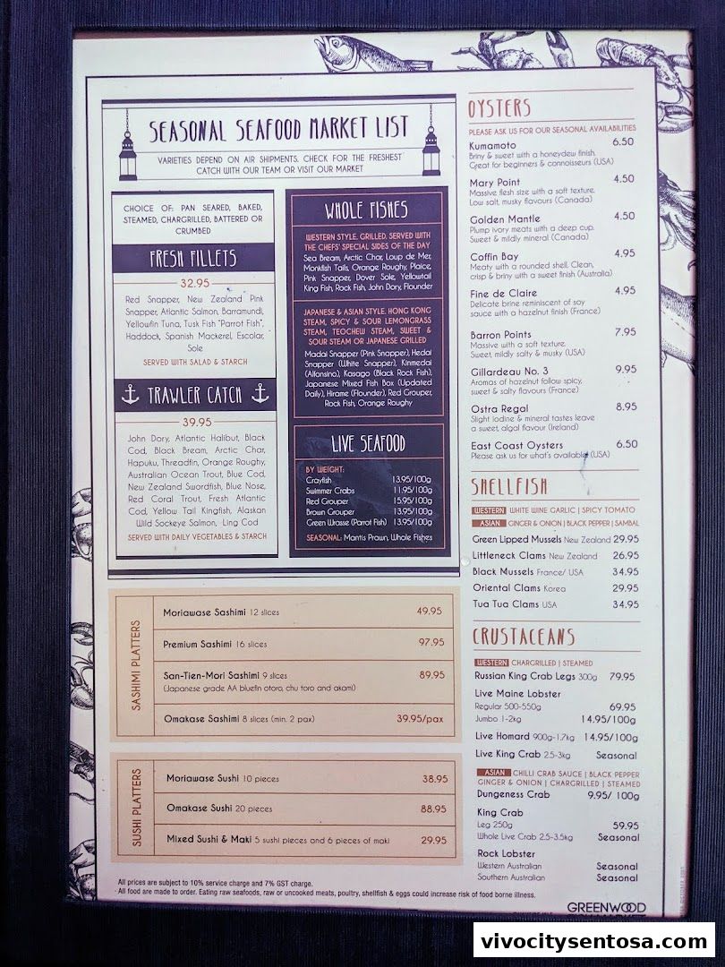 Menu page for Greenwood Fish Market  Seafood Restaurant  Market in Sentosa