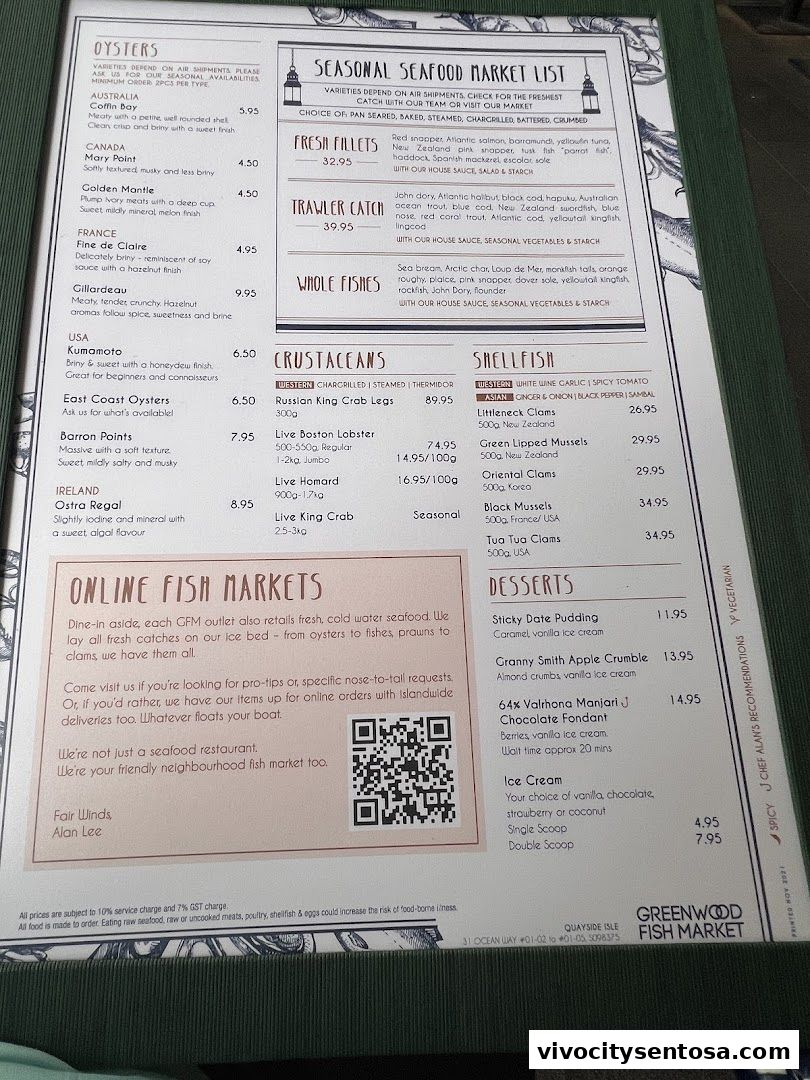 Menu page for Greenwood Fish Market  Seafood Restaurant  Market in Sentosa