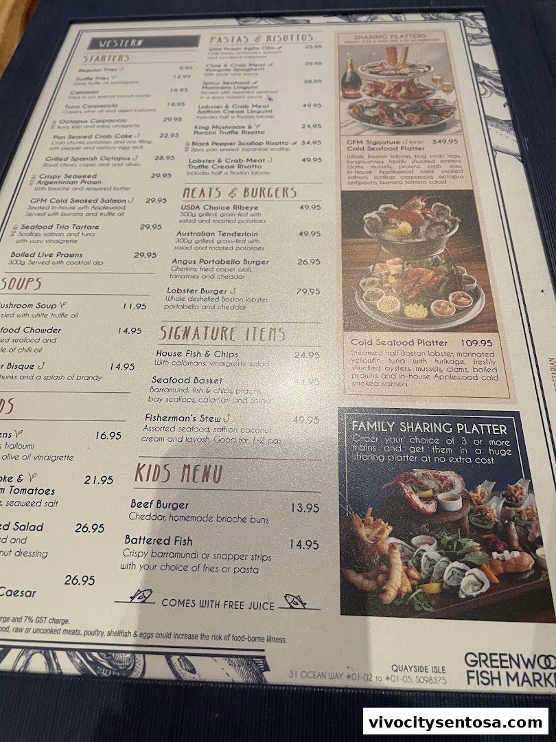 Menu page for Greenwood Fish Market  Seafood Restaurant  Market in Sentosa