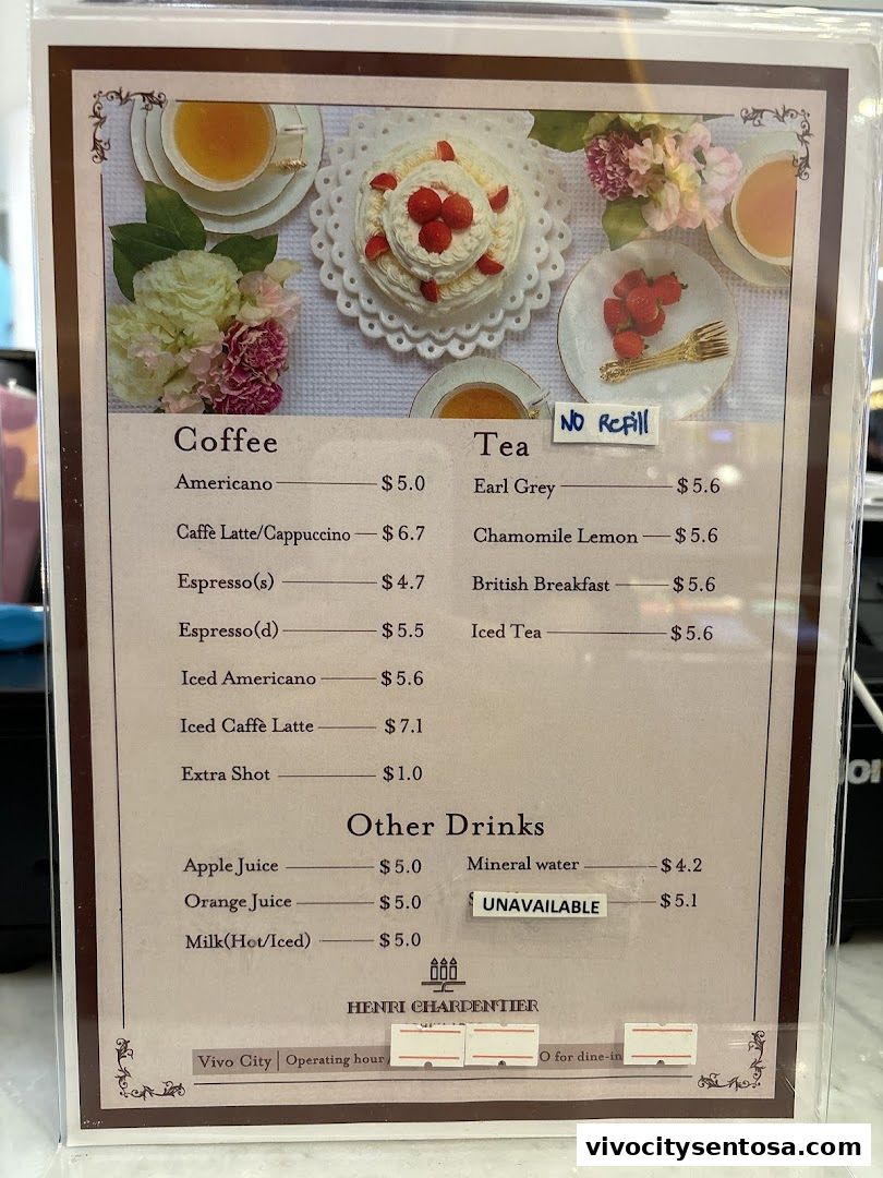 Menu page for Henri Charpentier Vivocity
