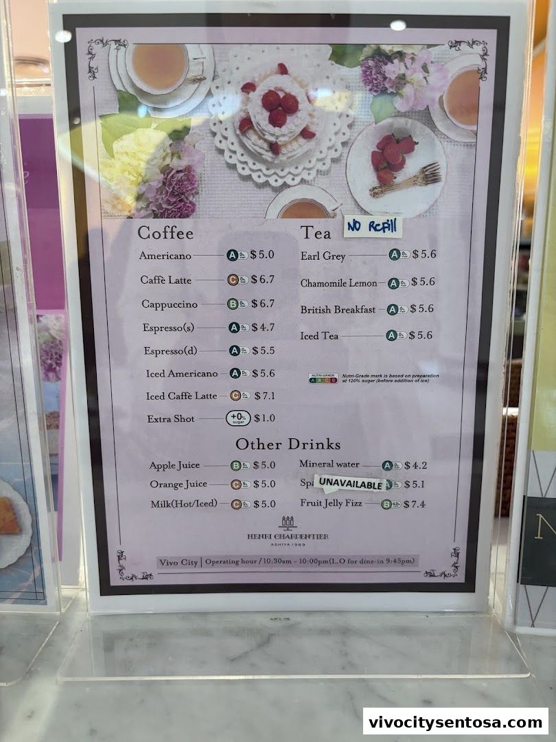 Menu page for Henri Charpentier Vivocity
