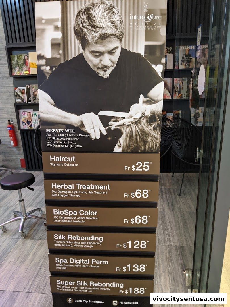 Menu page for Jean Yip Hairdressing VivoCity
