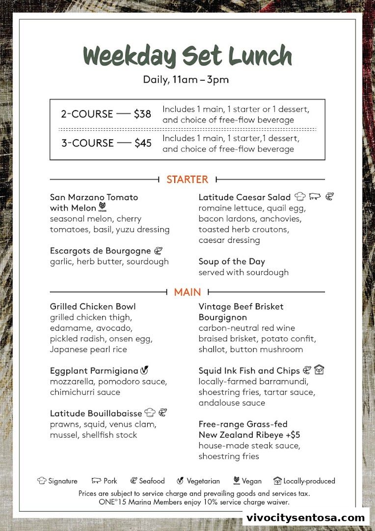 Menu page for Latitude Restaurant  Terrace ONE15 Marina Members only