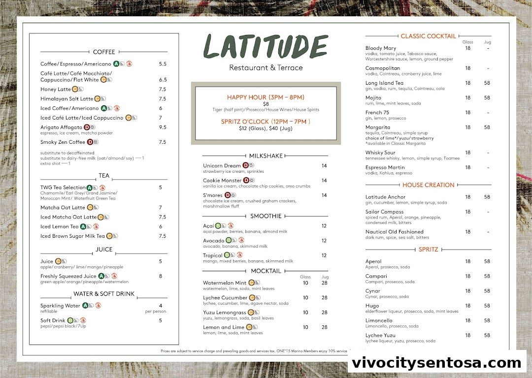 Menu page for Latitude Restaurant  Terrace ONE15 Marina Members only