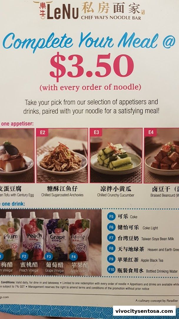 Menu page for LeNu Chef Wais Noodle Bar at VivoCity