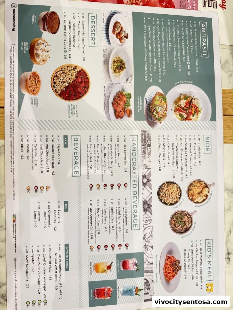 Menu page for Mamma Mia Trattoria E Caffè VivoCity