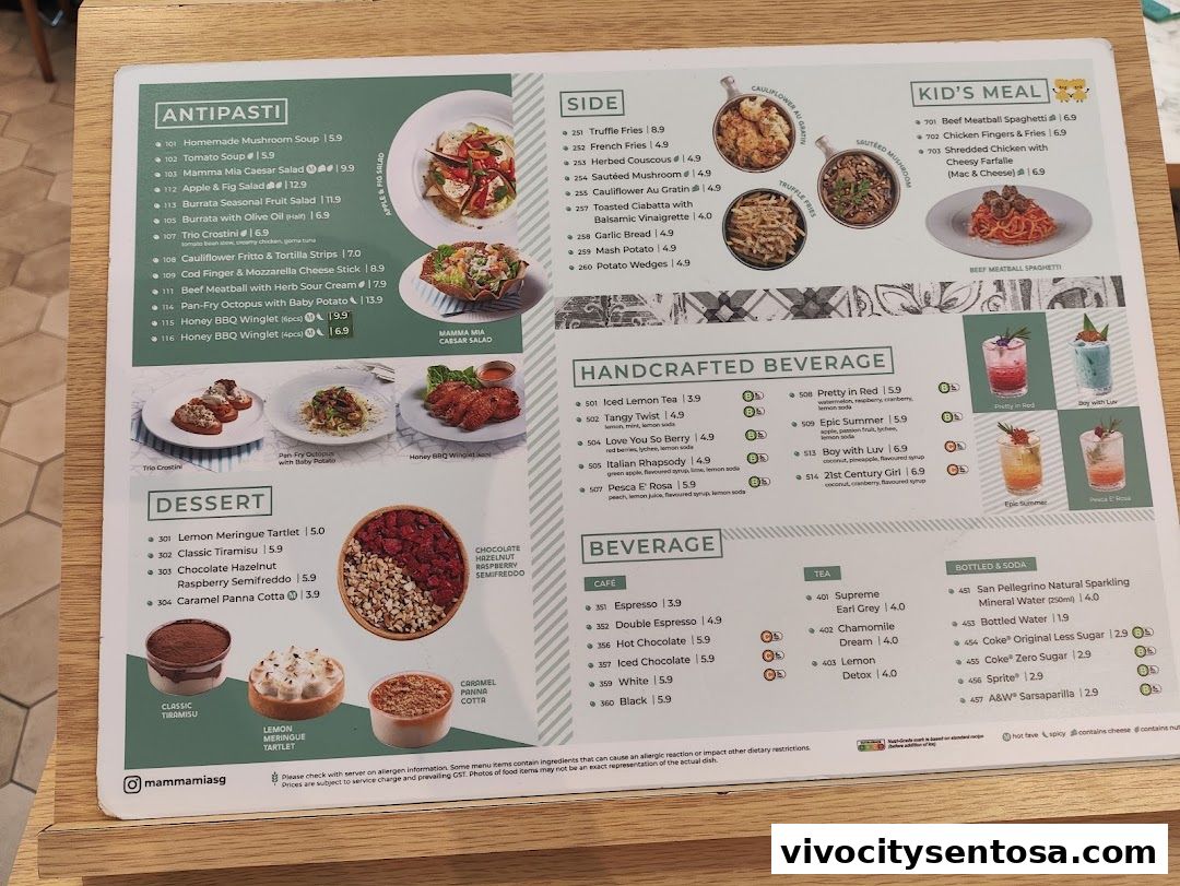 Menu page for Mamma Mia Trattoria E Caffè VivoCity