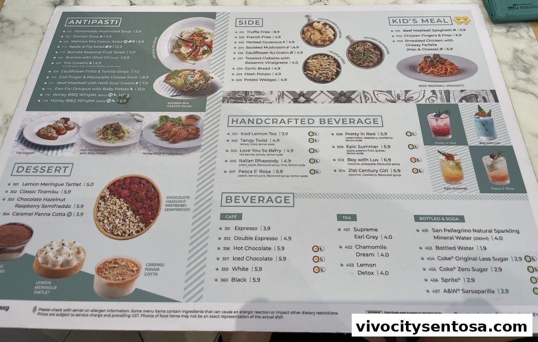 Menu page for Mamma Mia Trattoria E Caffè VivoCity