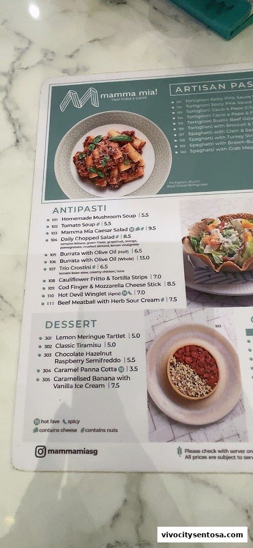 Menu page for Mamma Mia Trattoria E Caffè VivoCity