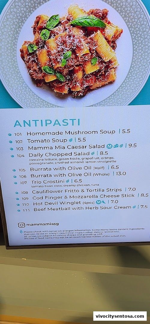 Menu page for Mamma Mia Trattoria E Caffè VivoCity