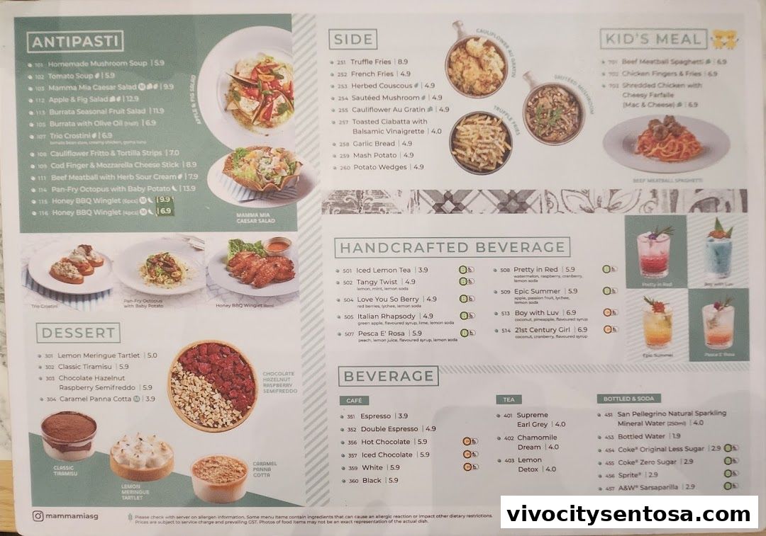 Menu page for Mamma Mia Trattoria E Caffè VivoCity