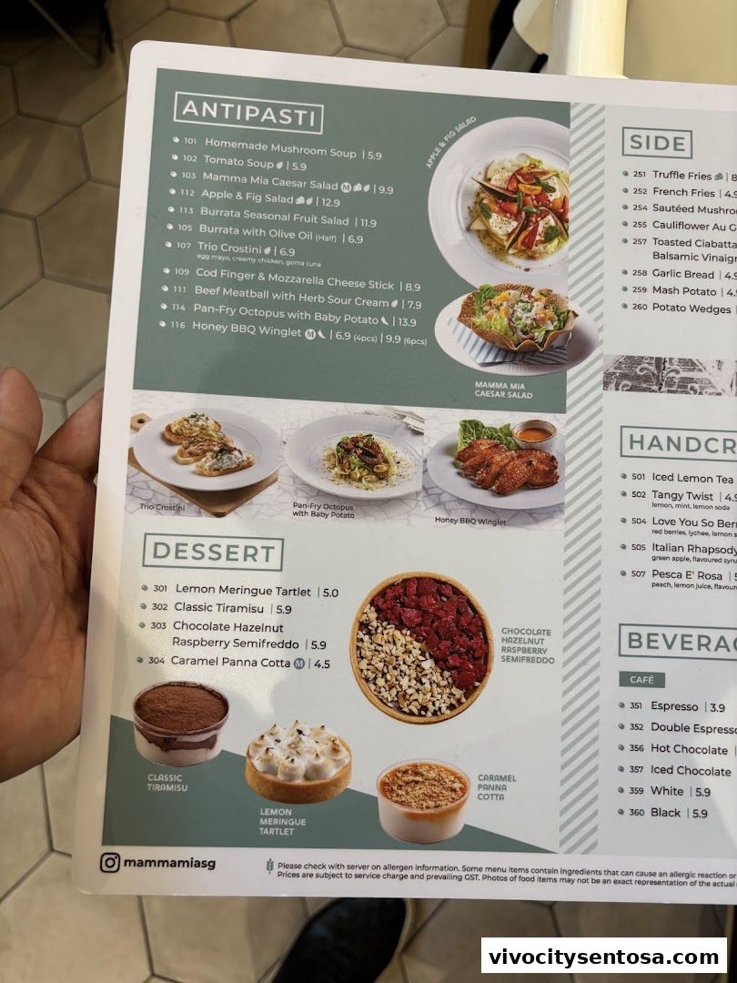 Menu page for Mamma Mia Trattoria E Caffè VivoCity