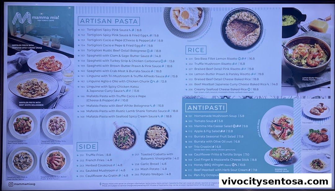 Menu page for Mamma Mia Trattoria E Caffè VivoCity
