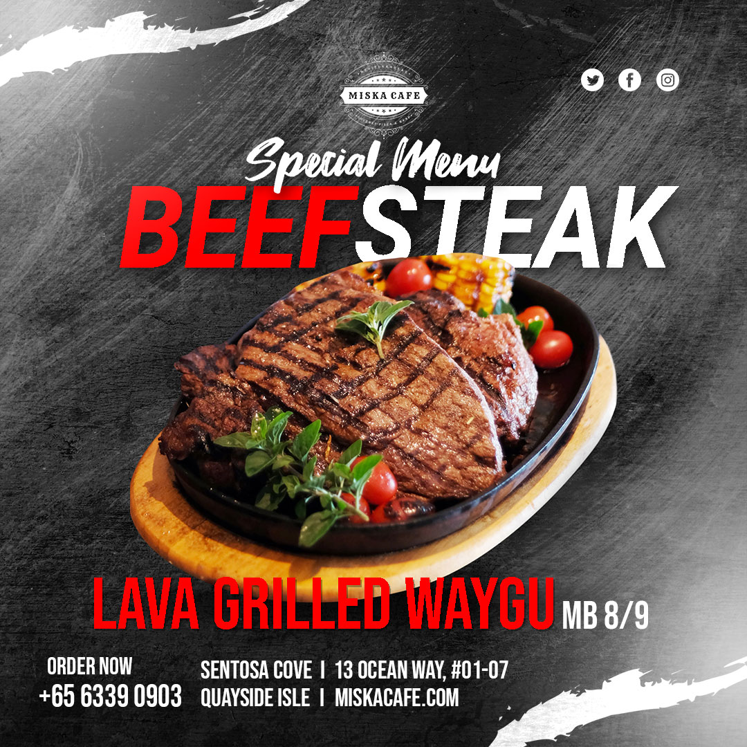 A sizzling beef steak dish with corn and tomatoes, advertised as a special menu item.