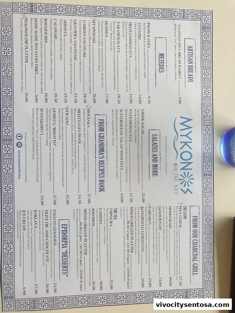 Menu page for Mykonos On The Bay