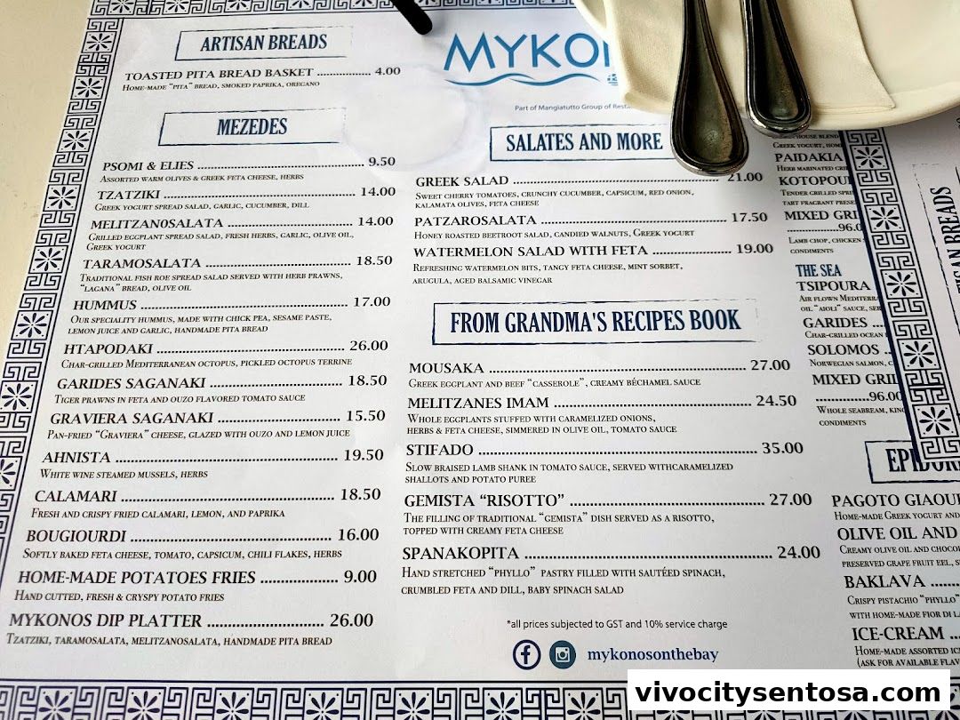 Menu page for Mykonos On The Bay