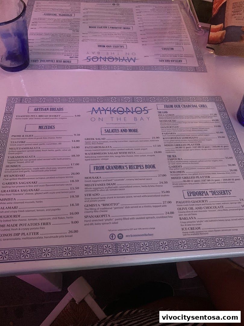 Menu page for Mykonos On The Bay