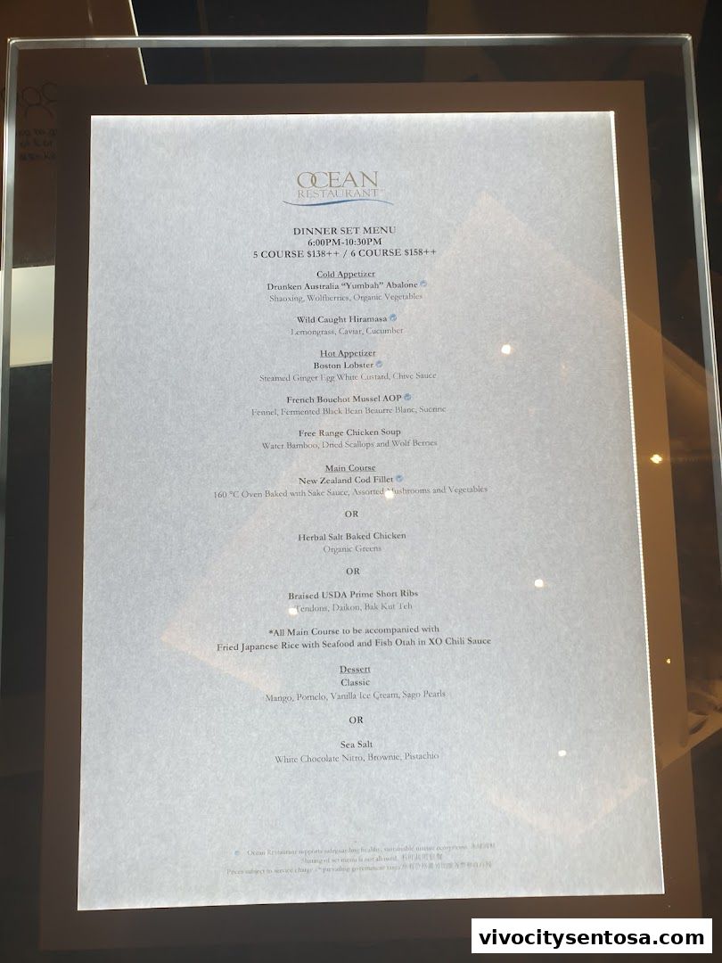 Menu page for OCEAN Restaurant