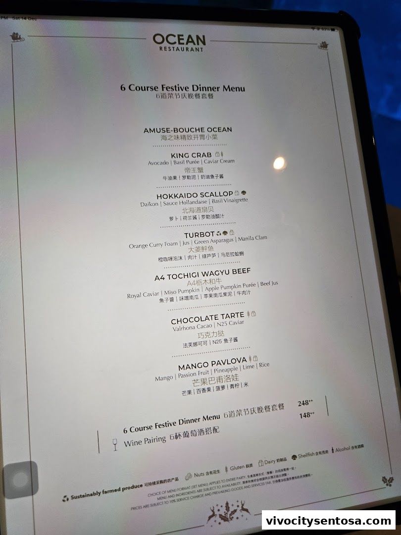 Menu page for OCEAN Restaurant