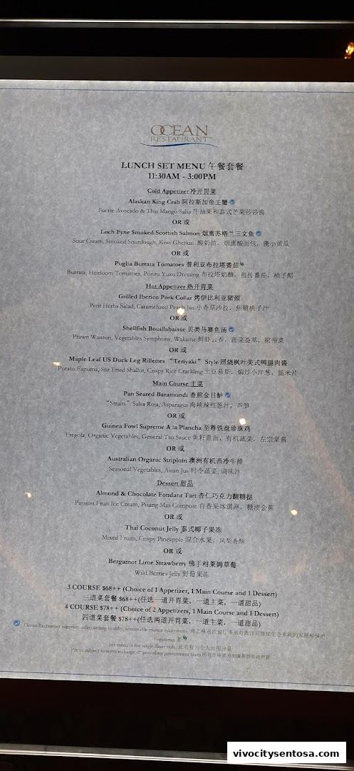 Menu page for OCEAN Restaurant
